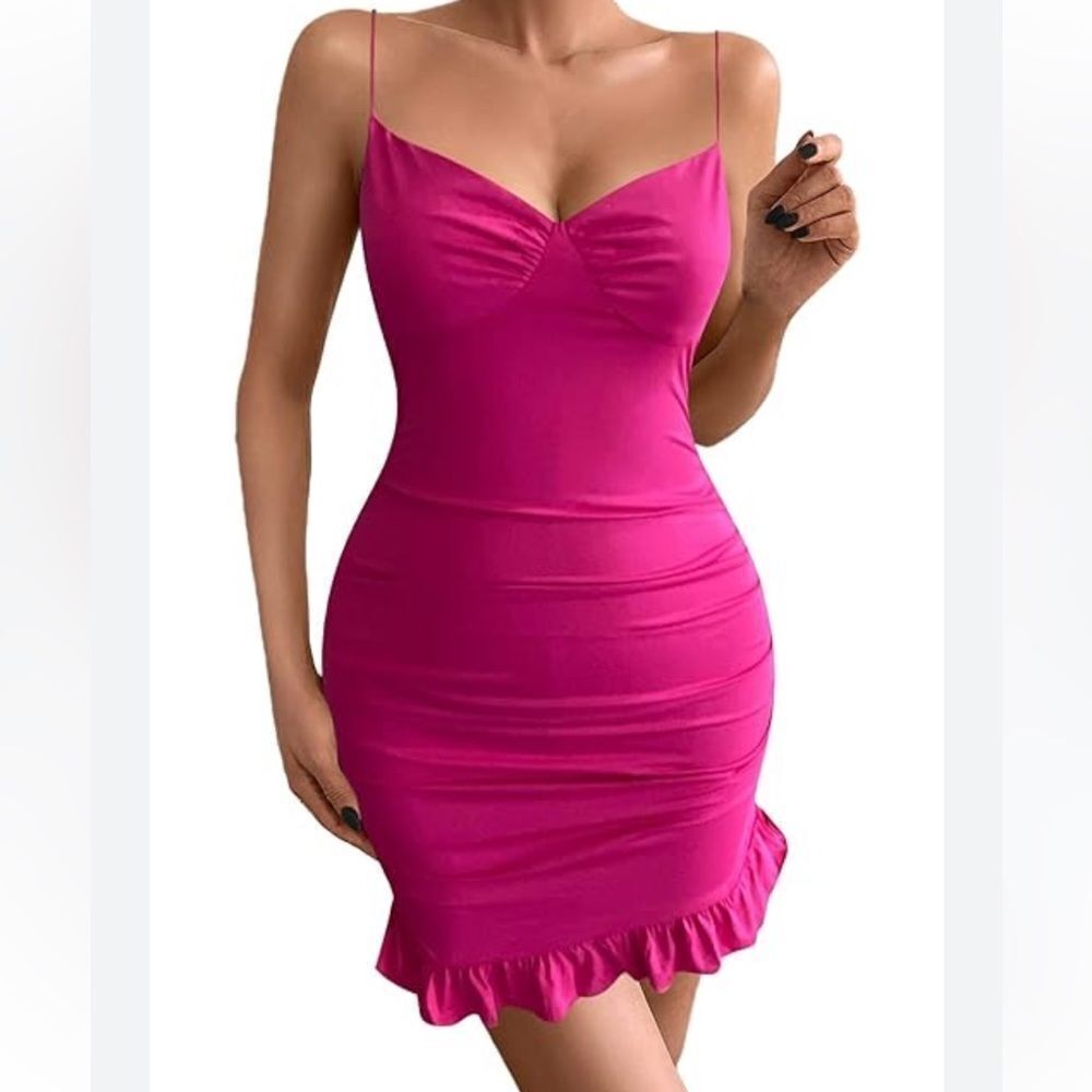 NWT Spaghetti Straps Bodycon Ruffle Hem Ruched Party , Cocktail Mini Dress - Picture 1 of 11
